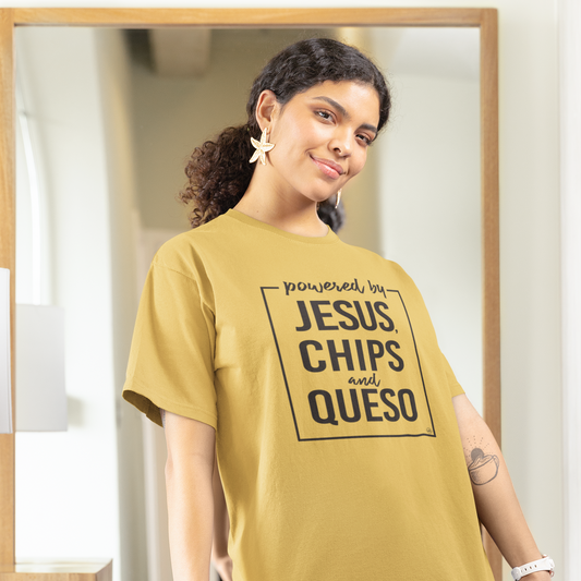 Powered By Jesus, Chips and Queso Christian Graphic Tee