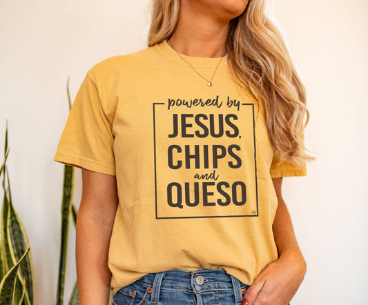Powered By Jesus, Chips and Queso Christian Graphic Tee